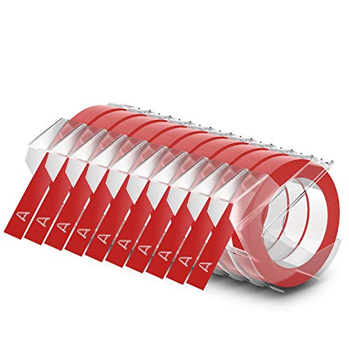 Dymo-Prägeetiketten (selbstklebend, 9mm x 3M) weiß auf rot, 10 Stück von DYMO