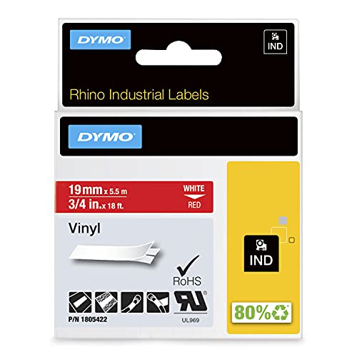 DYMO Rhino-Industrie-Vinyletiketten | 19 mm x 5,5 m | weiß auf rot | selbstklebendes Schriftband | für DYMO Rhino und LabelManager Beschriftungsgerät von DYMO