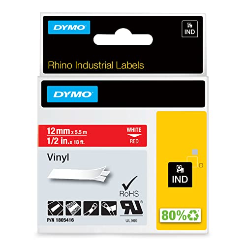 DYMO Rhino-Industrie-Vinyletiketten | 12 mm x 5,5 m | weiß auf rot | selbstklebendes Schriftband | für DYMO Rhino und LabelManager Beschriftungsgerät DYMO Rhino-Industrie-Vinyletiketten | 12 mm x 5,5 m | weiß auf rot | selbstklebendes Schriftband | für DYMO Rhino und LabelManager Beschriftungsgerät von DYMO