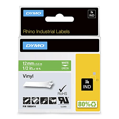 DYMO Rhino-Industrie-Vinyletiketten | 12 mm x 5,5 m | weiß auf grün | selbstklebendes Schriftband von DYMO