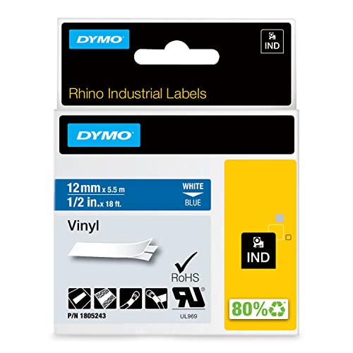 DYMO Rhino-Industrie-Vinyletiketten | 12 mm x 5,5 m | weiß auf blau | selbstklebendes Schriftband von DYMO