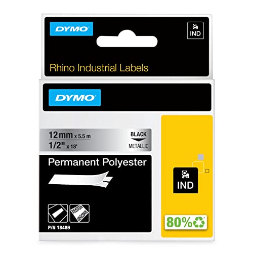 DYMO Rhino Industrie Permanente Polyesteretiketten | 12 mm x 5,5 m | Schwarz auf Metallic | selbstklebendes Schriftband | für DYMO Rhino und LabelManager Beschriftungsgerät von DYMO