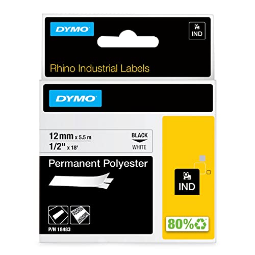 DYMO Rhino Industrie Permanente Polyesteretiketten | 12 mm x 5,5 m | Schwarz auf Weiß | selbstklebendes Schriftband | für DYMO Rhino und LabelManager Beschriftungsgerät von DYMO