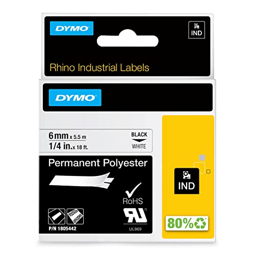 DYMO Rhino Industrie Permanente Polyesteretiketten | 6 mm x 5,5 m | Schwarz auf Weiß | selbstklebendes Schriftband | für DYMO Rhino und LabelManager Beschriftungsgerät von DYMO