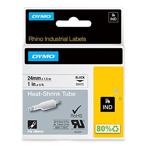 DYMO Rhino Industrie Schrumpfschlauch-Kabeletiketten | 24 mm x 1,5 m | schwarze Schrift auf weißem Untergrund | selbstklebend von DYMO