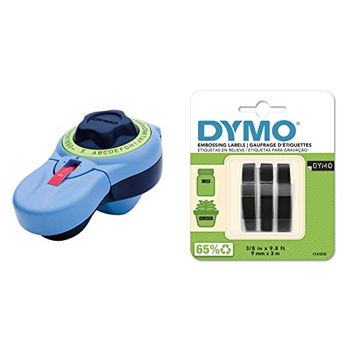 Dymo S0717910 Etikettiergerät, 9 mm, blau & S0847730 Vinyl-Prägeetiketten (Rolle 9 mm x 3m, weißer Druck auf schwarzem Untergrund, selbstklebend) 3erPack, Skandinavische Version von DYMO