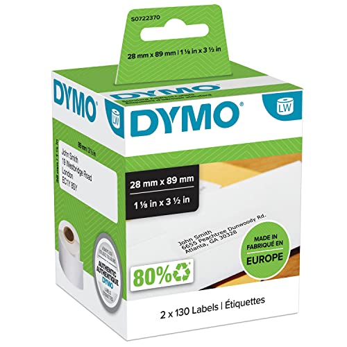 Dymo S0722370 Selbstklebende Adressetiketten, 28 mm x 89 mm, Weiß, Packung mit 2 Rollen à 130 Stück von DYMO