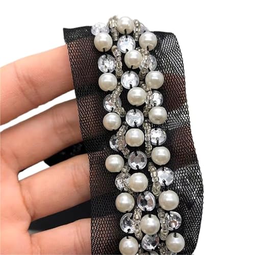 DYYEUAVT 1M Schwarz Off White Perlen Spitzenbesatz Kragenbänder Spitze Mit Strass Nähmaterialien for Hochzeitskleid(Black) von DYYEUAVT