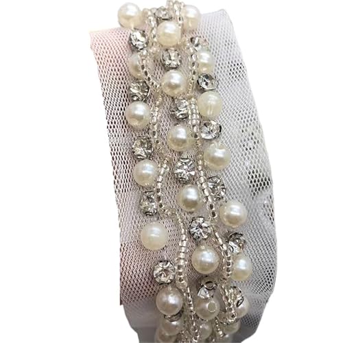 DYYEUAVT 1M Schwarz Off White Perlen Spitzenbesatz Kragenbänder Spitze Mit Strass Nähmaterialien for Hochzeitskleid(White) von DYYEUAVT