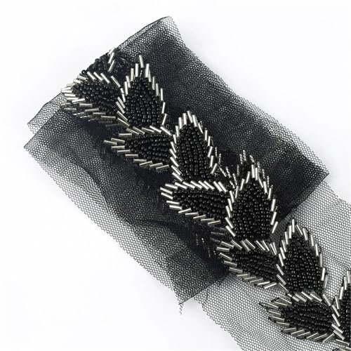 DYYEUAVT 6 cm Perlen Spitzenbesatz Blatt Mesh Stoff Band Band Weding Kleid Kragen Kopfschmuck Applikation DIY Handwerk(BlackSilver,6cmx45cm) von DYYEUAVT