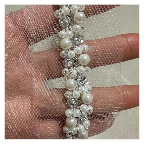 DYYEUAVT 90 cm weiße Perlen Strass Perlen Spitze Stoff Bestickt Spitze Band Trim Diamant Nähmaterial Kleidung Zubehör Hochzeit(16mm) von DYYEUAVT