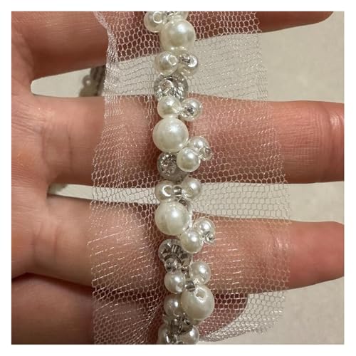 DYYEUAVT 90 cm weiße Perlen Strass Perlen Spitze Stoff Bestickt Spitze Band Trim Diamant Nähmaterial Kleidung Zubehör Hochzeit(8mm) von DYYEUAVT