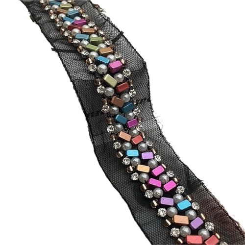 DYYEUAVT Bestickter Spitzenbesatz aus Netzstoff mit bunten ABS-Perlen, handgefertigter Spitzenbesatz aus Perlen, DIY-Kleidungsdekoration, Perlenschnur-Accessoires(Black) von DYYEUAVT