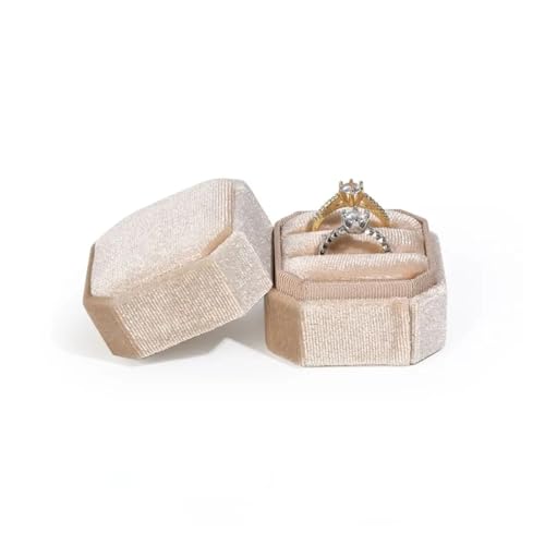 DYYEUAVT Hochzeits-Achteck-Quadrat-/Sechseck-Form mit abnehmbarem Deckel, Schmuckschatulle, Doppelring-Aufbewahrungsbox, Ring-Displaybox(1beige) von DYYEUAVT