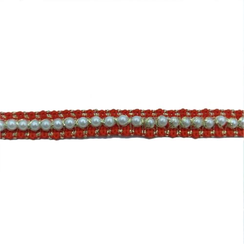 DYYEUAVT Spitzenbesatz mit Perlen und Goldfaden, 1 cm breit, Perlenband for Selbermachen, Basteln, Kleidung, Dekoration, Hochzeitskleid, Kragen, Ärmelspitze(Orange Red,3 Yards) von DYYEUAVT