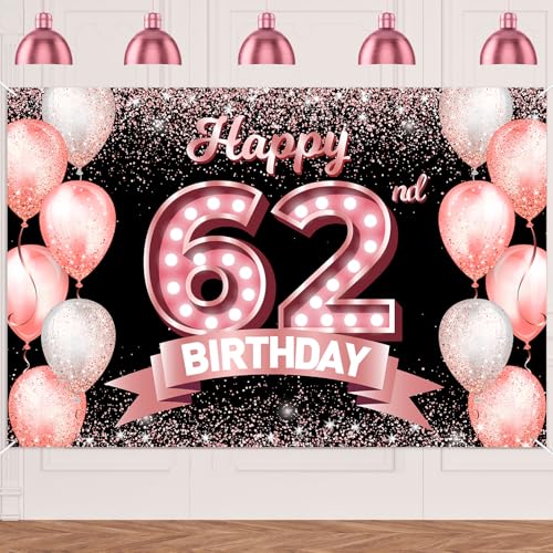 "Happy 62nd Birthday" rotgoldener Banner, Hintergrund, Prost bis 62 Jahre, Konfetti-Luftballons, Themen-Dekor-Dekorationen für Frauen, 62 Jahre alt, Rosa, Geburtstagsparty, Geburtstag, Geburtstag "Happy 62nd Birthday" rotgoldener Banner, Hintergrund, Prost bis 62 Jahre, Konfetti-Luftballons, Themen-Dekor-Dekorationen für Frauen, 62 Jahre alt, Rosa, Geburtstagsparty, Geburtstag, Geburtstag von DZTRELFK