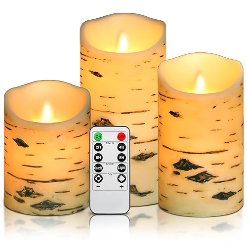 Da by Birke Bark LED Kerzen mit Fernbedienung und Timer, batteriebetriebene Kerze Säule, falsche LED Kerzen 10cm12.5cm15cm "Kerzen Set von 3 von Da by