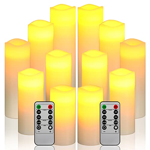 Da by LED Kerzen, Batteriekerzen-Set aus 12 (2xH 20 cm, 2x H18 cm, 2x16 cm, 2xH14cm, 2xH13cm, 2xH12cm) Elfenbein-Wachskerze mit Fernbedienung（Batterien nicht enthalten） von Da by
