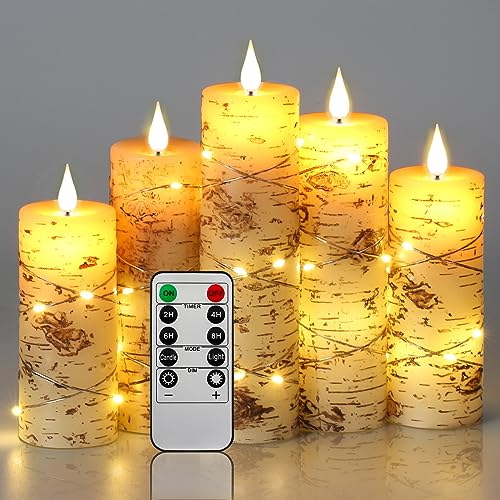 LED Kerzen, Birkenrinde, mit eingebetteter Lichterkette, Kerzen-Set, 5 Stück, elfenbeinfarben, Echtwachs, Stumpenkerzen mit tanzender LED-Flamme, 10 Tasten Fernbedienung (ohne Batterie) von Da by