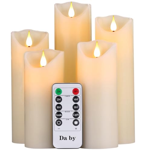 Da by LED Kerzen, flammenlose Kerze 300 Stunden Batterie Dekorative Kerze 5er Set (13cm, 14cm, 16cm, 18cm, 20cm).Die echt blinkende LED-Flamme ist aus Beige Echtwachs gefertigt von Da by