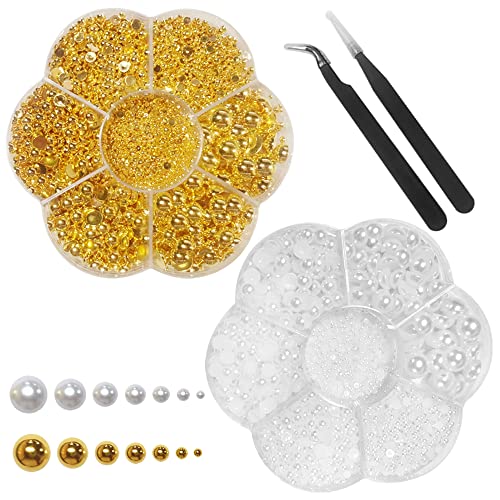 6200 Stück Flatback Perlen, DaKuan Gold Strasssteine zum Basteln mit Pinzette, Perlen zum Basteln, Perlen für Nägel, für Makeup, Nägel, künstlerische Dekoration (Gold und Weiß), 2/3/4/5/6/8/10 mm von DaKuan