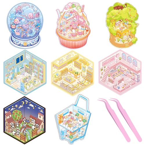 10 Artikel DIY House Stickers 3d Haus Aufkleber Set Scene Sticker mit Edelstahlpinzette Hausaufkleber Selber Machen Geeignet für Erwachsene und Kinder von DabbOo