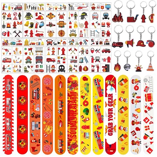 DabbOo Kinderfeuerwehr Dekoration Feuerwehrmann Mitgebsel 34 Stück Schnapparmbänder Schlüsselanhänger und Aufkleber Kinder Geburtstagsdekoration für Mottopartys Jungen und Mädchen Urlaubsgeschenke von DabbOo