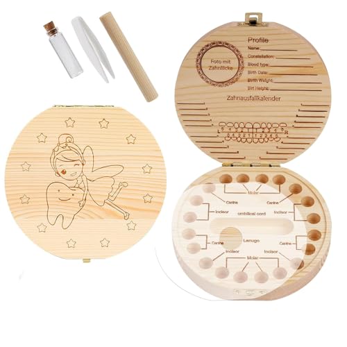 DabbOo Zahndose Holz Zahndose Milchzähne Personalisierte Milchzahndose aus Holz Zahndose Milchzähne Aufbewahrungsbox Mädchen Jungen Souvenir Box für Baby-Zähne Baby Geschenke zur Geburt(Fee) von DabbOo