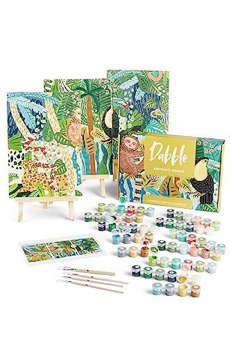 Dabble™ Premium-Set „Malen nach Zahlen“ für Erwachsene und Anfänger. Mit Zubehör: Leinwand, Rahmen, Acryl-Farben, Pinsel, Blumen, Pflanzen - Abstract Jungle von Dabble