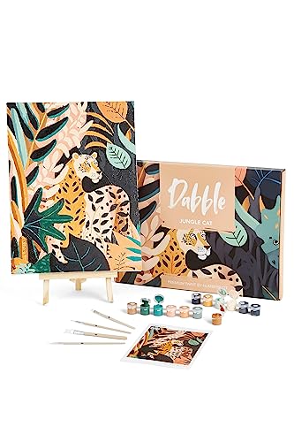 Dabble™ Premium-Set „Malen nach Zahlen“ für Erwachsene und Anfänger. Mit Zubehör: Leinwand, Rahmen, Acryl-Farben, Pinsel, Blumen, Pflanzen - Jungle Cat von Dabble