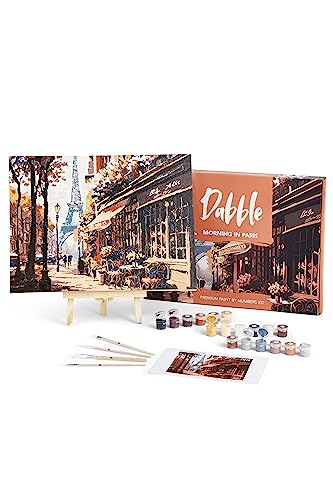 Dabble™ Premium-Set „Malen nach Zahlen“ für Erwachsene und Anfänger. Mit Zubehör: Leinwand, Rahmen, Acryl-Farben, Pinsel, Blumen, Pflanzen - Morning in Paris von Dabble