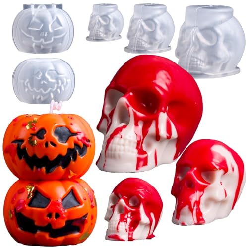 3D-Halloween-Kerzenformen, Set mit 5 Stück, Totenkopf-Kürbis-Kerzenformen zur Kerzenherstellung, Silikonform für Harz, Seife, Ton, Kerzenwachs, Halloween-Heimdekoration von Dacies