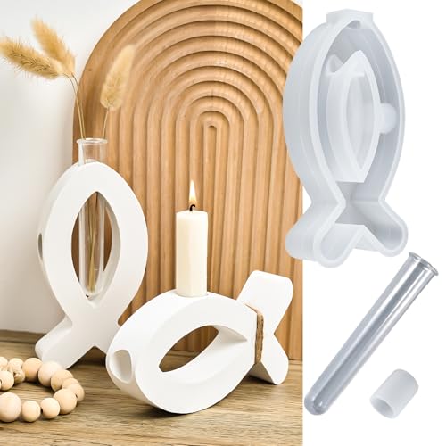 Silikonform Fisch Kerzenhalter Gießform Set mit 2-in-1 Design für Kommunion, Taufe - Premium Silikonformen für DIY Epoxidharz, Beton Deko Ostern Geschenke Fischform Silikon Kerzenhalter Giessformen Silikonform Fisch Kerzenhalter Gießform Set mit 2-in-1 Design für Kommunion, Taufe - Premium Silikonformen für DIY Epoxidharz, Beton Deko Ostern Geschenke Fischform Silikon Kerzenhalter Giessformen von Dacies