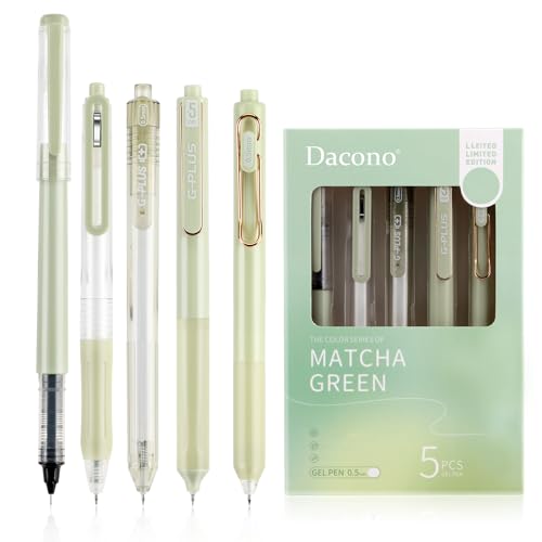 Dacono 5 Stück Gel Stifte farbig Highlighter Schreibset, Ästhetische Einziehbare Schwarze Gelstifte mit 1 Highlighter, Matcha -Stil - Kugelschreiber 0,5 mm Perfekt für Studenten, Journaling von Dacono