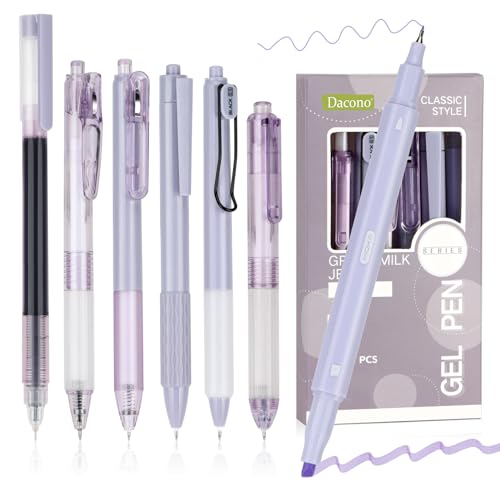 Dacono 7 Gel Stifte Farbig Highlighter Schreibset, Ästhetische Einziehbare Schwarze Gelstifte mit 1 Highlighter, Traubenstil - Kugelschreiber 0,5 mm Perfekt für Studenten, Journaling von Dacono