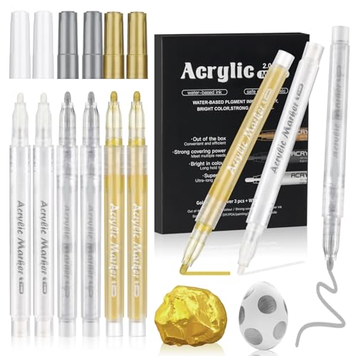 Dacono 9 Hochwertige Trikolor-Ventil-Acrylfarbenstifte Marker （Weiß, Golden, Silber）, Stifte auf Wasserbasis mit 2,0-mm-Stiftspitze, Ideal für Steinmalglassteinholz Holz von Dacono