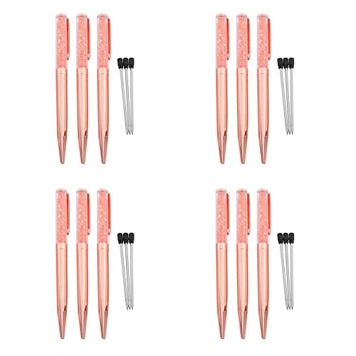 Daconovo Kugelschreiber aus Roségold, mit Kristallkugeln, Schwarz, mit 12 zusätzlichen Ersatzminen (Packung mit 12 Roségold) von Daconovo
