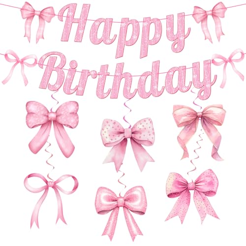 Rosa Schleife Geburtstag Party Dekorationen, Kokette Dekorationen Happy Birthday Banner Girlande und hängende Wirbel Mädchen Schleifen Thema Party Dekor Rosa Schleife Geburtstag Party Dekorationen, Kokette Dekorationen Happy Birthday Banner Girlande und hängende Wirbel Mädchen Schleifen Thema Party Dekor von Dadoudou