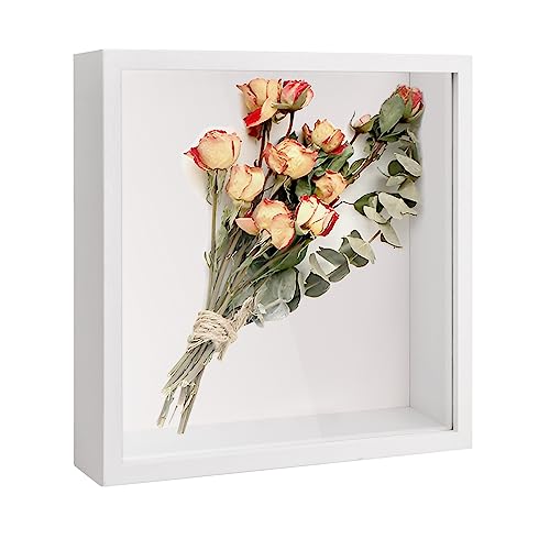 Daelesr 3D Bilderrahmen, Schattenbox Vitrine mit Transparente Acrylplatte Rahmen, Tiefer 3D Objektrahmen, Hölzern 3D Rahmen für Medaillen Blumen Erinnerungsstücke Foto (Weiß 27x27cm) von Daelesr