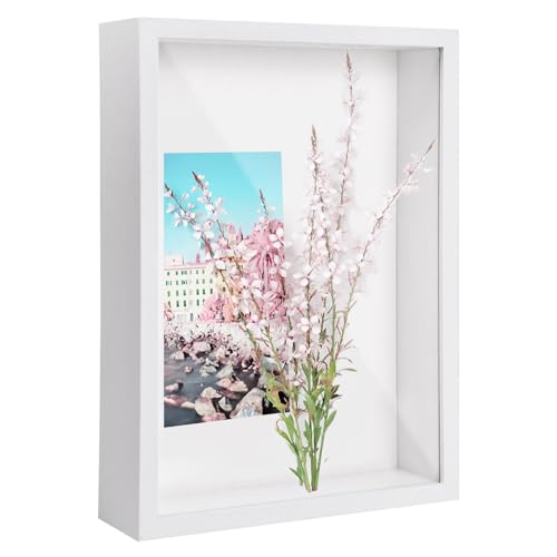 Daelesr 3D Bilderrahmen zum Befüllen A4, Schattenbox Vitrine Rahmen, 3D Tief Objektrahmen mit Transparente Acrylplatte Rahmen, Hölzern 3D Rahmen für Medaillen Blumen Foto Erinnerungsstücke (Weiß 5CM) von Daelesr