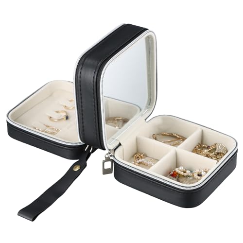 Daelesr Kleine Schmuckschatulle Tragbares, Mini Schmuckaufbewahrung Doppelschicht, Schmuckbox Damen Wasserdicht, Reise-Schmuck-Aufbewahrungsbox PU-Leder für Ohrringe, Ringe, Halsketten, Schwarz von Daelesr