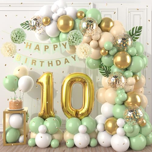 10 Geburtstag Deko Grün Gold, Luftballons Girlande mit Happy Birthday Banner, 10. Geburtstag Konfetti Luftballons für Jungen Mädchen Kinder 10. Geburtstag Party Dekoration von Dagelar