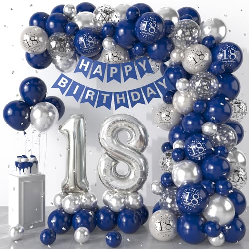 18 Geburtstag Deko Blau Silber, Luftballons Girlande mit Happy Birthday Banner, 18. Geburtstag Konfetti Luftballons für Jungen Mädchen Kinder 18. Geburtstag Party Dekoration von Dagelar