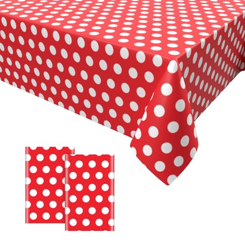 2PCS Rote Polka Dot Tischdecke,Geburtstag Tischdecke Rote Weiß Einweg Tischdecke aus Kunststoff Wasserdicht Plastik Bierbank Tischdecke Geburtstag Dekorationen für Jungen Mädchen 137 * 274cm von Dagelar