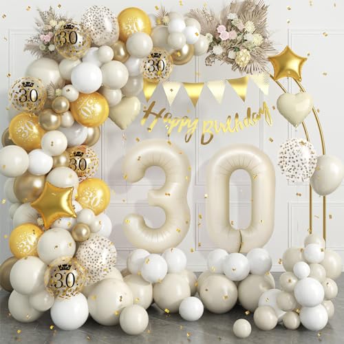 30 Geburtstag Deko Beige Gold,30.Geburtstag Luftballons Girlande mit Luftballon 30 Geburtstag,Happy Birthday Banner,Konfetti Luftballons für Mann Frauen 30 Jahre Geburtstag Party Dekoration von Dagelar
