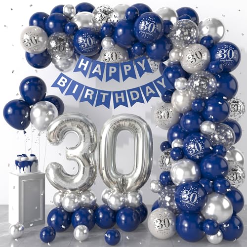 30 Geburtstag Deko Blau Silber, Luftballons Girlande mit Happy Birthday Banner, 30. Geburtstag Konfetti Luftballons für Jungen Mädchen 30. Geburtstag Party Dekoration von Dagelar