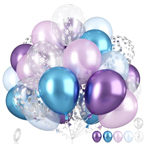 Frozen Luftballons, Dagelar 30PCS Helium Ballons Lila Blau, Metallic Blau Lila Luftballons with Schneeflocke Silber Konfetti Ballons für Frozen Geburtstagsdeko Elsa Deko Geburtstag Mädchen Babyparty von Dagelar