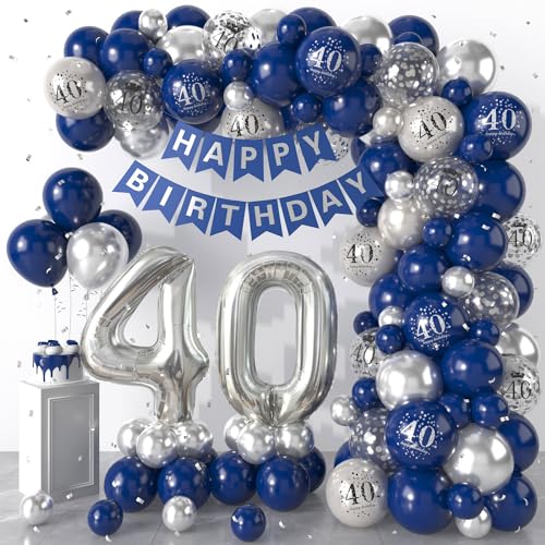 40 Geburtstag Deko Blau Silber, Luftballons Girlande mit Happy Birthday Banner, 40. Geburtstag Konfetti Luftballons für Jungen Mädchen 40. Geburtstag Party Dekoration von Dagelar