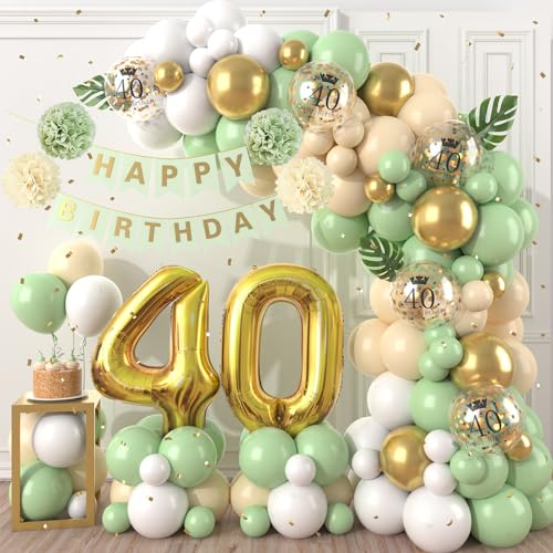 40 Geburtstag Deko Grün Gold, Luftballons Girlande mit Happy Birthday Banner, 40. Geburtstag Konfetti Luftballons für Männer Frauen 40. Geburtstag Party Dekoration von Dagelar
