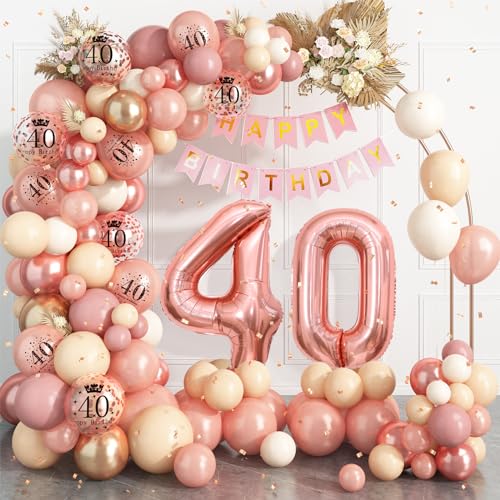 40 Geburtstag Deko Roségold,40.Geburtstag Luftballons Girlande mit Luftballon 40 Geburtstag,Happy Birthday Banner,Konfetti Luftballons für Frauen 40 Jahre Geburtstag Party Dekoration von Dagelar
